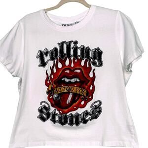 The RollingStones White Flaming Tattoo Tongue Short Sleeve T-shirt Size L